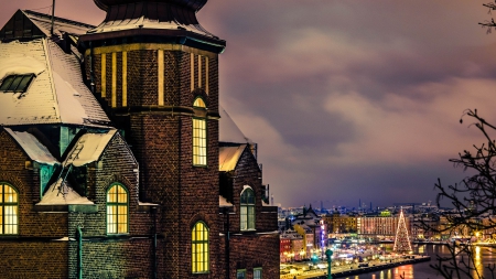 beautiful holiday view of stockholm at night - house, winter, hiliday, lights, city, night