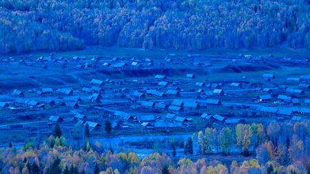 rural village in blue light - valley, village, trees, rural, blue