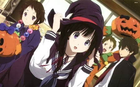 Hyouka - anime, female, hyouka, school, cool, long hair, male, girls, short hair, school uniform, halloween, boys, friends, schhol, anime series