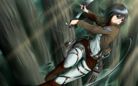 Mikasa Aackerman - forest, lights, short hair, anime, mikasa aackerman, anime girl, black hair, sexy, female, shingeki no kyojin, trees, attack on titan, weapon