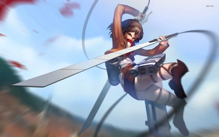 Mikasa Ackerman - clouds, blossoms, anime, sword, brown hair, red eyes, short hair, Attack on titan, Mikasa Ackerman, weapon, anime girls, sky, shingeki no kyojin