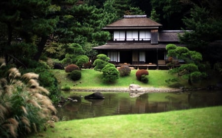 Japanese House - garden, lake, japan, house, peaceful