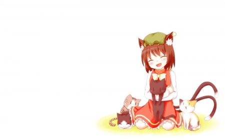 I Love My Cats!!! - blush, touhou, brown hair, anime, cats, bow, hat, chen, cat tails, cat ears, happiness