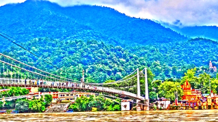 Ram Jhula Bridge, India - clouds, ganga, india, river, nature, gangaa, weather, mountains, ramjhula, bridge