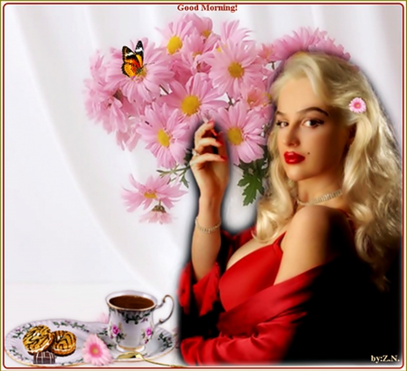 good morning - morning, woman, coffee, flowesrs