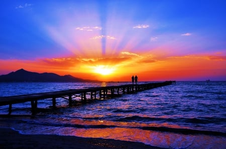 Sunset Pier - pair, sky, sun, water, sea