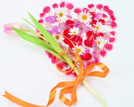 Flower heart - ribbon, petals, stem, heart, flowers