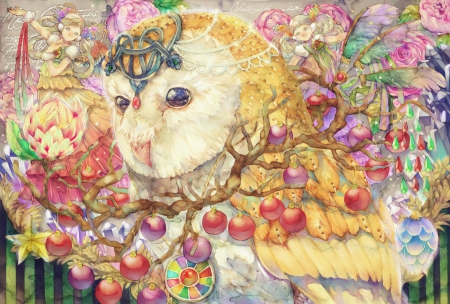 Owl - bird, anime, winter, yellow, pink, tree, owl, red, autum, fruit, yogisya, art