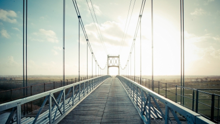 fantastic pedestrian bridge - sunshine, cables, sky, bridge