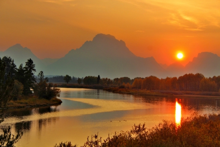 Sunset river - nice, sky, sundown, trees, water, sunset, mirrored, calm, amazing, quiet, reflection, river, lake, mountain, shore, lovely, serenity, nature, glow, fiery, red, beautiful