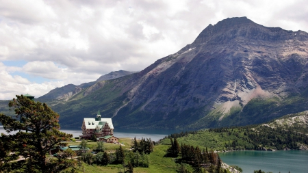 prince of wales hotel at waterton lake in canada - hotel, lake, trees, mountain