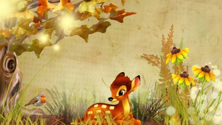 Fall Bambi - bird, fawn, Disney, whimsical, grass, sweet, leaves, tree, flowers, fall, autumn, deer, lights, cute