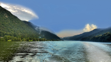 wonderful river at hofkirchen austria - wake, forests, mountains, rive, sky