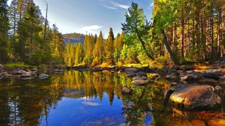 Autumn mountain lake - quiet, forest, crystal, mountain, calmness, shore, lake, nice, sky, falling, trees, beautiful, lovely, fall, nature, tranquility, autumn, clear, serenity, foliage