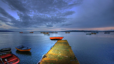 dock in a harbor full with boats at dusk - harbor, dusk, boats, dock