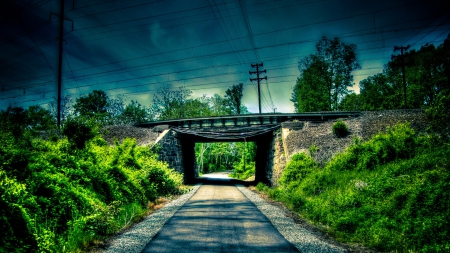 railway bridge over lonely road hdr - railway, hdr, road, electric lines, grass, bridge