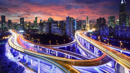 fantastic city highway intersections at dusk - highways, city, dusk, overpasses, lights