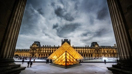 view of the louvre museum in france hdr - glass, museum, columns, clouds, courtyard, pyramids, hdr