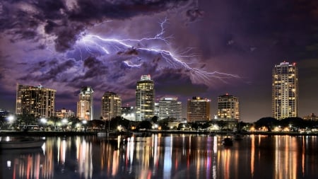 spectacular lightning above skyscrapers - lightning, clouds, skyscrapers, city, harbor, night