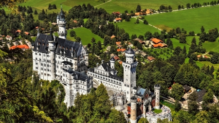 the quintessential gorgeous castle - village, hill, trees, towers, castle