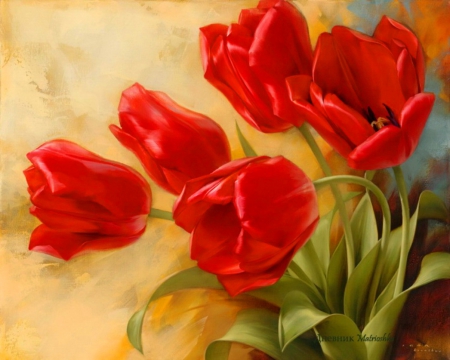 Tulips - flowers, red, painting, tulips