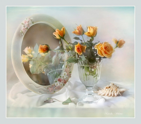 Still life - flowers, mirror, nature, rose