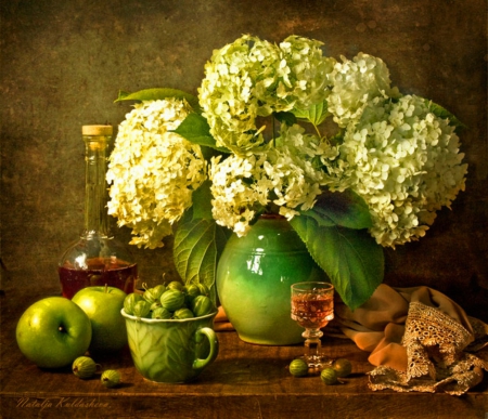 Still life - flowers, apple, vase, nature