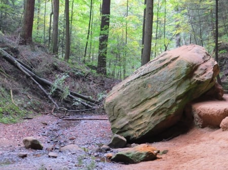 Boulder Near Ash Cave - cave, stone, Hocking hill, water, boulder, creek, Ohio, rock, stream, forest, fall, nature, autumn