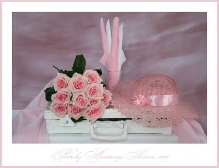 Still life - roses, pink, hat, still life, nature