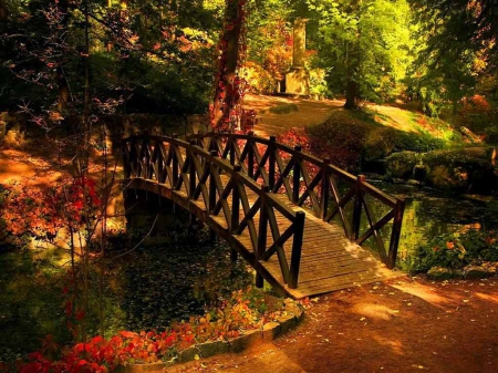 Wooden Bridge - autumn, trees, river, leaves, path