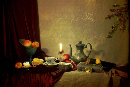 Tea Time - candle, fruits, still life, cup, teapot