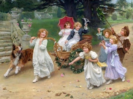 Kids having Fun - girls, fun, roses, dog, children, wheels, playing