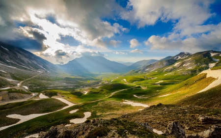 Italy - clouds, blue, rivers, beautiful, valley, colorful, nature, green, mountains, italy, sky