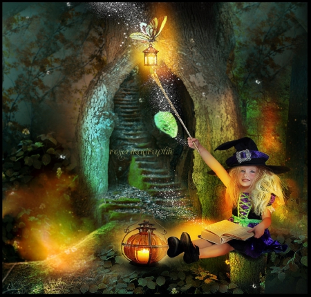 ~The Little Witch~ - stairs, girls, photomanipulation, magic wand, hat, pumpkin, hair, book, fantasy, creative pre-made, halloween, lanterns, model female, digital art, softness beauty, cave, butterflies, la petite sorciere, the little witch, light, beautiful girls, lovely, witch, weird things people wear, backgrounds, leaves, colors, flowers, dress