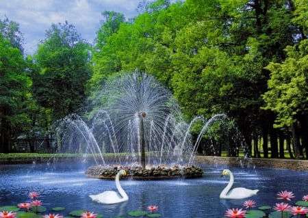 White dance - lilies, summer, fountain, romantic, reflection, calmness, flowers, swans, garden, friends, sky, greenery, trees, water, friendship, love, white, nature, idyll, serenity, dance, couple, park