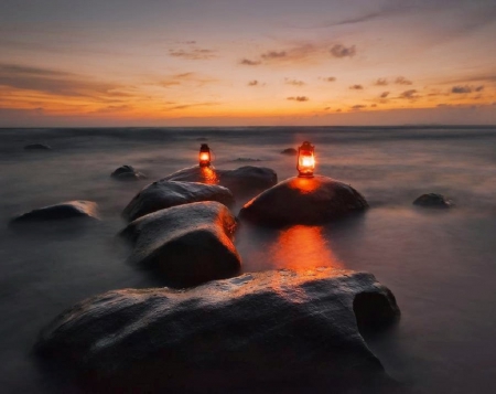 Light in the Dark - nature, beaches, lamplighters, dark, light, sunset, sea