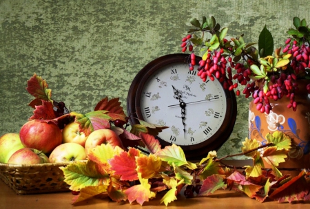 Still life - clock, leaves, yellow, still life, abstract, season, time, apples, fruit, change, other, autumn