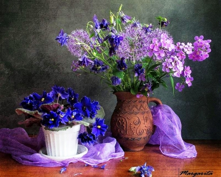 Still life - beauty, colorful, different potted, still life, purple, petals, potted, different, vase, nature, ceramics, pink, blue, leaves, colors, flowers, parma violet