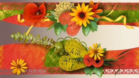 Autumn Fall Grandeur - eucalyptus, poppy, sunflowers, lace, colors, leaves, fall, autumn, border, brighty, ribbons