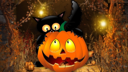 Hide Behind the Jack - jack-o-lantern, lights, cute, goth, gothic, halloween, night, pumpkin, spooky, scary, pumpkins, blalck cat, whimsical