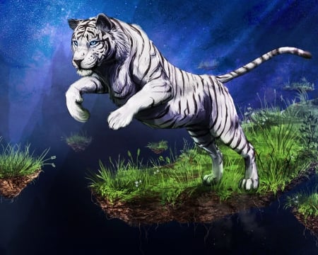 Tiger Leap - white, art, tiger, grass, leaping