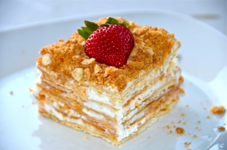 Yum - cream, red, strawberry, cheese, sweet, delicious, layers, abstract, dessert, bakery