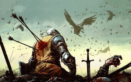 Fallen in battle - sky, abstract, battle, warrior, weapon, fantasy, birds