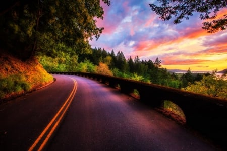 Autumn Sunset - sky, trees, clouds, sunset, road