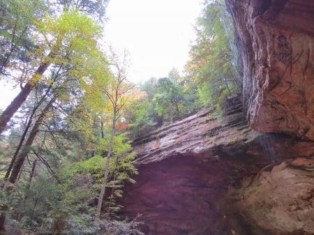 Cliff Mantle View - trees, stone, Hocking Hills, Ohio, forest, parks, fall, nature, autumn, boulders, cliff, sky, rocks