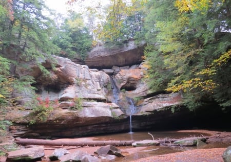 Waterfall at Old Man's Cave - stone, autumn, boulders, trees, water, waterfall, rocks, nature, fall, forest, hocking hills, cliffs