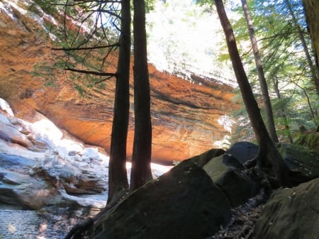 A Place Of Protection - stone, autumn, ohio, trees, cliff, boulder, tree trunk, limb, safety, nature, cantwell cliffs, fall, forest, shadow