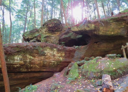 Sunny Way Out - autumn, sky, sun, pine, cliff, boulder, tree trunk, path, rocks, trail, hocking hills, tree, climb, hiking, hill, stone, ohio, limbs, nature, forest