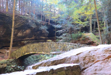 Autumn Over The Bridge - trees, stone, stream, forest, architecture, leaves, fall, nature, autumn, boulders, cliffs, pine, leaf, bridge, limbs