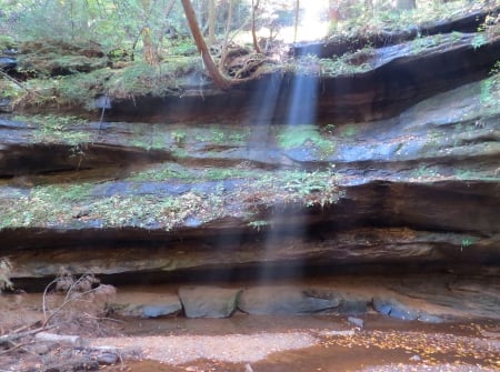 Blue Rays Of Sun - trees, stone, boulder, blue, roots, hiking, forest, leaves, Cantwell cliffs, nature, rays, autumn, cliffs, pine, leaf, sun